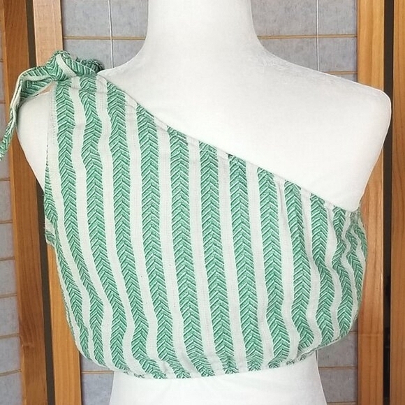 One-Shoulder Linen Blend Green Crop Top Size Small Quzu Stripes - Picture 5 of 9